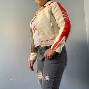 Red and white puffer jacket